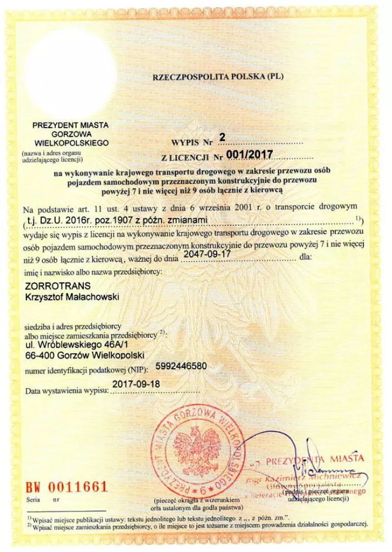Licencja Prezydenta Miasta Gorzowa - wypis 2